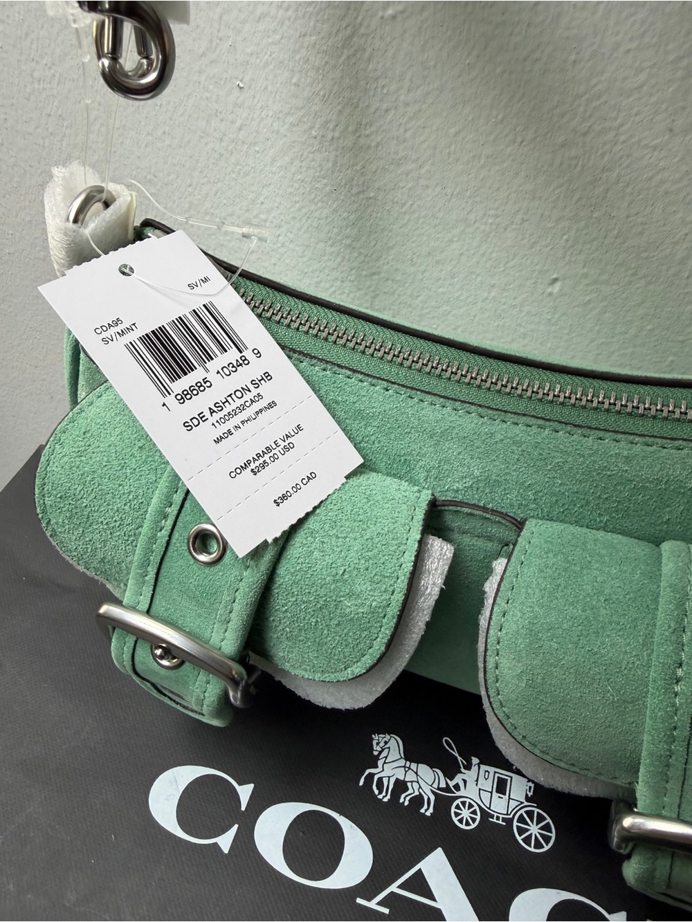 Coach Mint Green Suede Dual Buckle Shoulder Bag - Picture 2 of 3